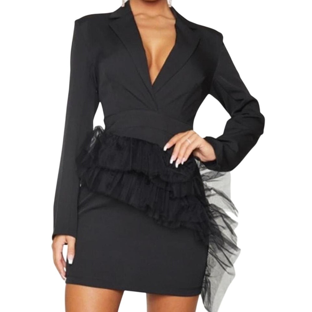 PrettyLittleThing Black Blazer Mini Dress‎ Tulle Ruffle Detail USA 4 UK 8